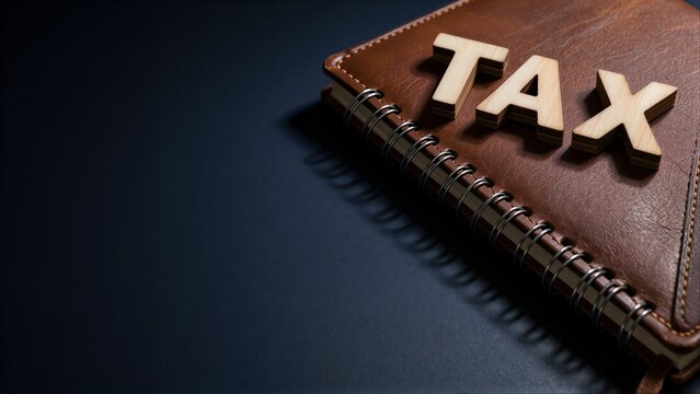 Wooden "TAX" letters rest on a leather-bound notebook against a dark background.