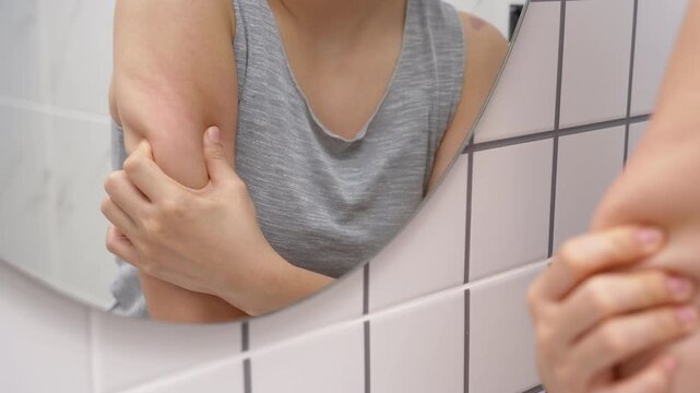 skin problem and beauty. woman scratch body has itchy skin from skin allergic, steroid allergy, sensitive skin, red from sunburn, chemical allergy, rash, insect bites, Seborrheic Dermatitis.
