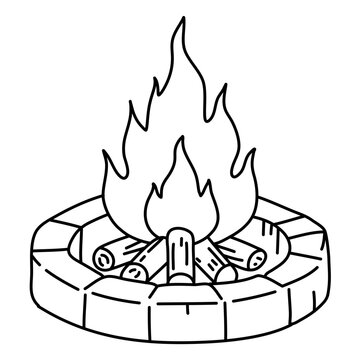 Hand drawn cute campfire inside brick stone ring pit icon doodle vector scout camping fire simple line outline graphic