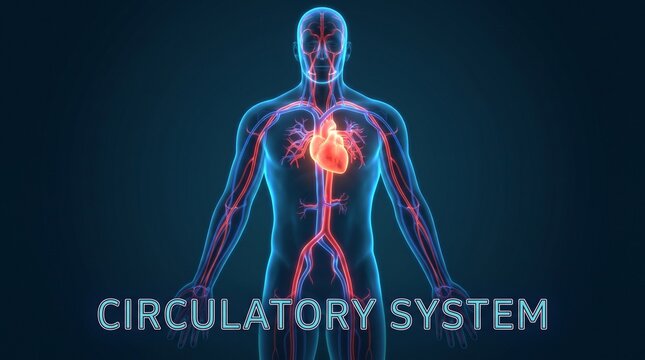 Circulatory System: A 3D medical illustration showcasing the human circulatory system, with a glowing red heart at its center and blood vessels extending throughout the body.