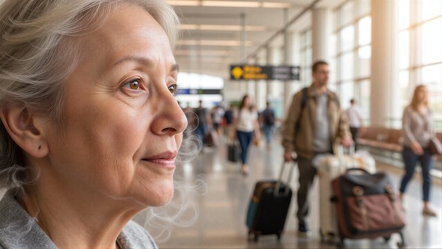 Senior woman smiles softly in airport terminal, looking forward with hopeful expression.