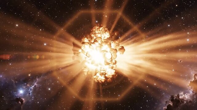 Massive Star Exploding into Supernova in Deep Space Galaxy, Cinematic Cosmic Burst with Bright Light Rays and Lens Flare