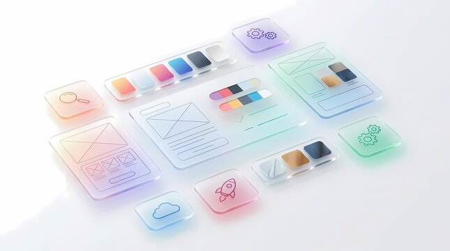 Isometric glass UI design components with wireframes and icons.