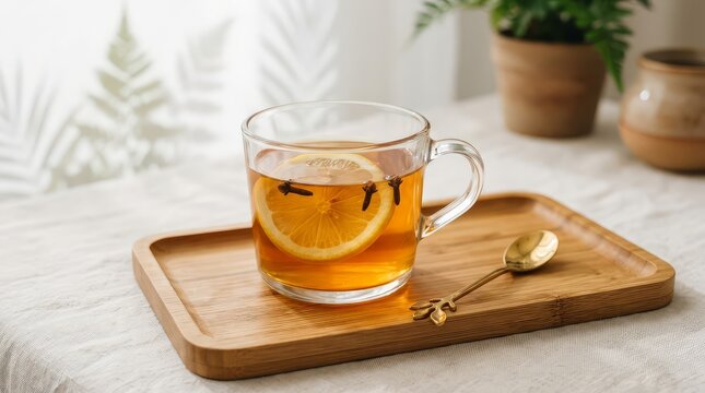 Clear glass mug containing hot herbal tea with fresh lemon slices with resting wooden tray beside golden spoon garnished lemon slice cloves with mug filled amber