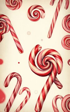 Red and white candy canes swirl in a festive, vintage illustration.
