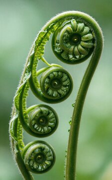 Fern fronds unfurling in spiral growth, nature's intricate green patterns.