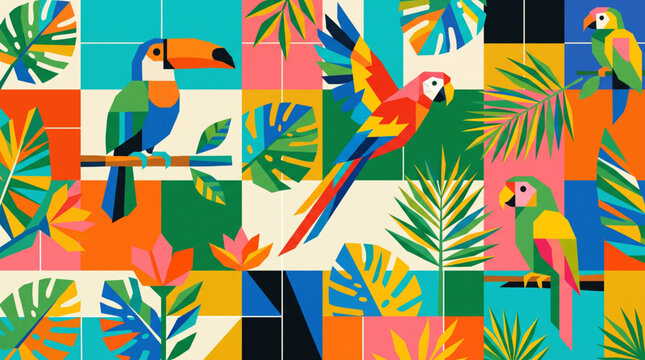 Retro Tropical Bird Seamless Pattern with Bright Geometric Color Blocks