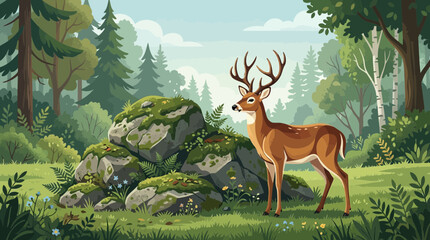 Vector illustration of a majestic deer in a lush forest clearing © tumpi