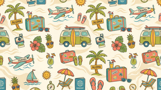 Tropical Vacation Seamless Pattern with Retro Travel Icons