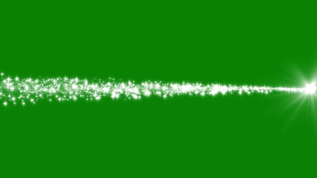 4k horizontal sparkling white glitter shooting star passing across green screen background with bright starburst light flare for dynamic motion graphics elements