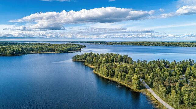 Expansive blue lake surrounded by lush green forest under a cloudy sky
