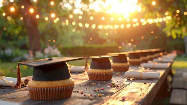 Cupcakes with graduation caps on a wooden table outdoors