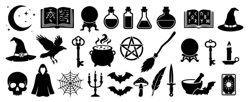 Gothic Witchcraft And Wiccan Magic Artifacts Silhouette Set
