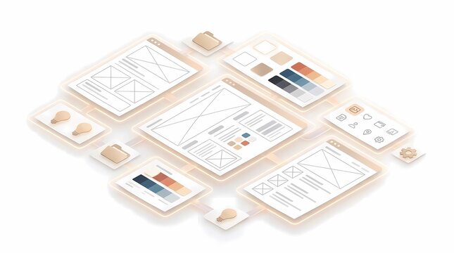 Isometric UI design components and wireframes on white surface.