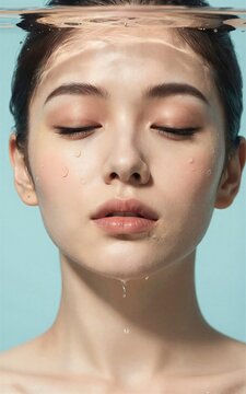 Serene woman submerged in water, droplets cascading down her face and neck.