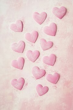 Scattered pink heart-shaped confetti on a textured rose background