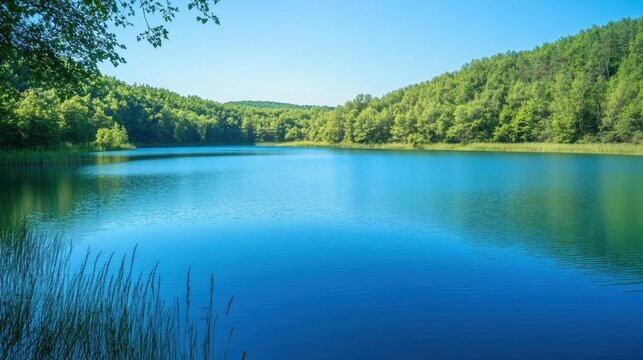 Serene blue lake with lush green forest and clear sky