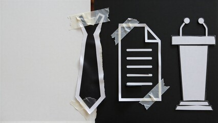 Obraz premium Tie, document, and podium cutouts taped to split black-white background.