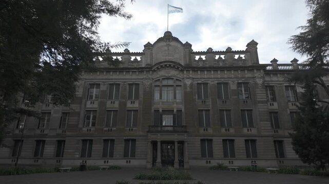 Monumental facade of the UNLP Rectorate Presidency building in the city, La Plata, Buenos Aires, Argentina. D-Log M, 10-bit color, flat log profile.