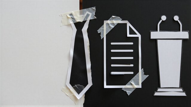 Tie, document, and podium cutouts taped to split black-white background.