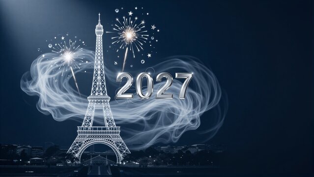 Eiffel Tower illuminated at night with fireworks and "2027" glowing in the sky.