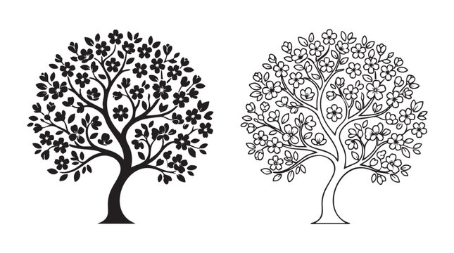 cherry blossom tree vector silhouette with line art pair icon for spring concept