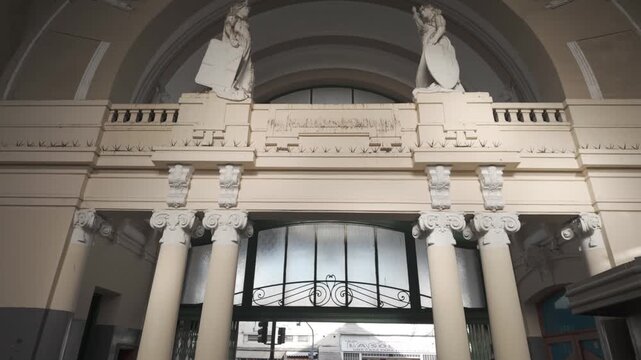 Interior ornamentation under the dome and main entrance in the hall of La Plata station, La Plata, Buenos Aires, Argentina. D-Log M, 10-bit color, flat log profile.