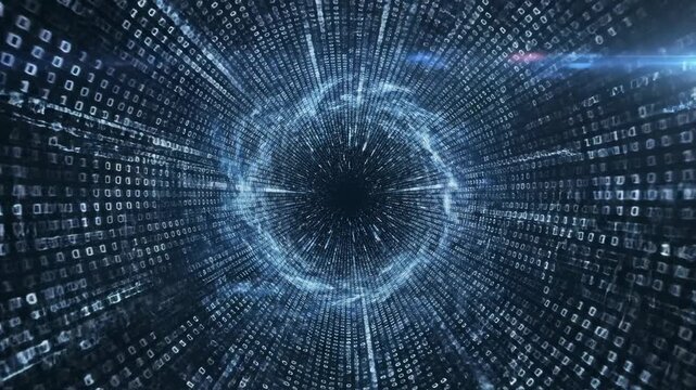 Digital Data Tunnel with Binary Code Flowing Towards a Central Vortex.