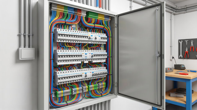 Open electrical distribution panel with colorful organized wires in a workshop. Professional electrical installation and maintenance concept.