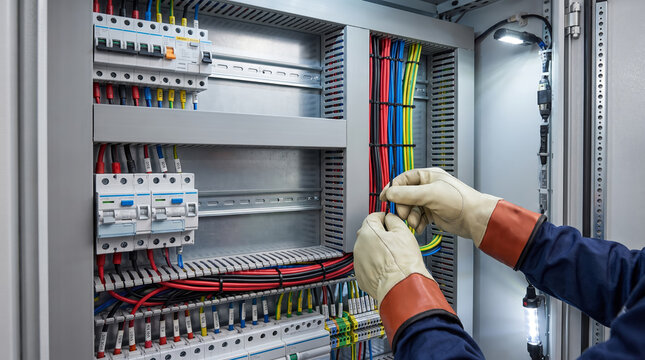 Electrician's gloved hands organizing colorful wires inside a large industrial electrical cabinet.