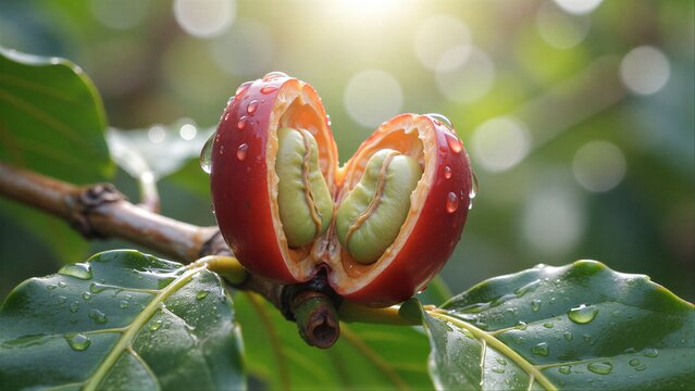 Fresh coffee cherries split open, revealing green seeds glistening with dew.