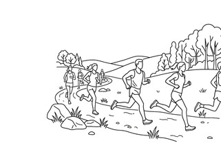 Obraz premium People running on a winding trail through a park landscape