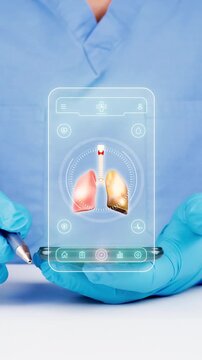 Doctor using a telemedicine and AI mobile app for digital evaluation of damaged lungs from smoking and lung cancer detection. Pulmonology and prevention concept.