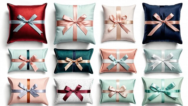 Flat lay grid collection of miniature Christmas cushions with assorted festive patterns
