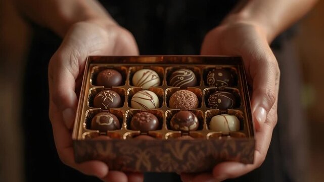 Hands Holding Open Square Gift Box of Artisanal Chocolate Truffles for Valentine