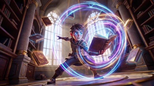 古代の図書館で魔術書から巨大な魔法陣を展開するキャラクターの3DCGアニメ