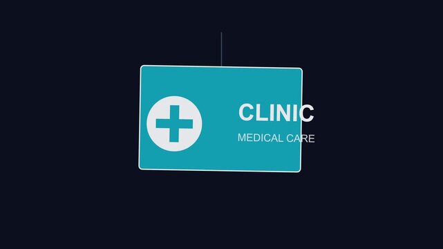Clinic medical care hanging sign animation with swinging motion for healthcare branding and hospital wayfinding 4k