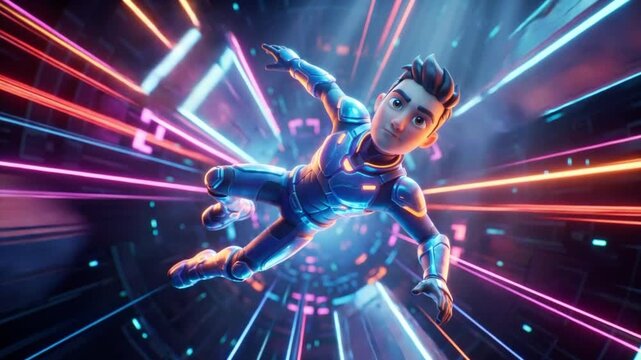 ネオン輝くデジタルトンネルで障害物を回避し宙を舞うキャラクターの3DCGアニメ