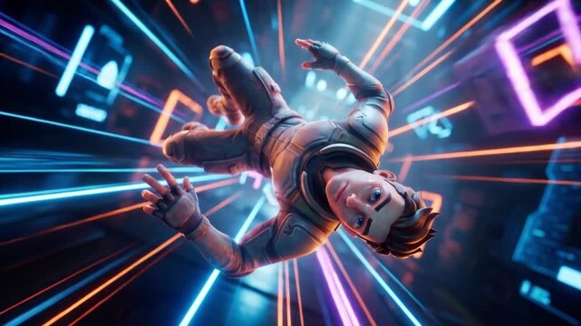 ネオン輝くデジタルトンネルで障害物を回避し宙を舞うキャラクターの3DCGアニメ