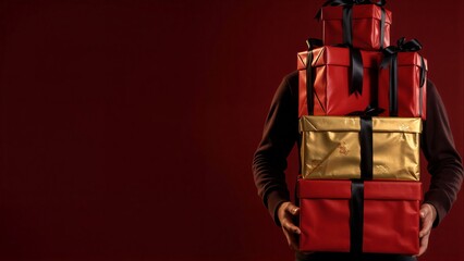 Obraz premium Person carries stacked red and gold gift boxes against a deep red background.