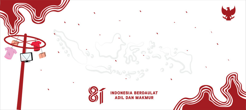 Deskripsi (Maksimal 200 karakter):
Desain spanduk perayaan HUT RI ke-81. Menampilkan bendera Merah Putih, lambang Garuda Pancasila, peta Indonesia, dan perlombaan tradisional Panjat Pinang