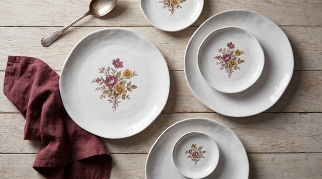 Vintage floral dinnerware sets arranged on weathered white wooden tabletop surface top down view with displays collection white decorated delicate floral