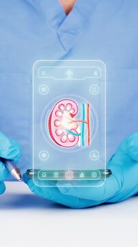 Doctor using a telemedicine and AI mobile app for digital kidney monitoring and renal disease detection. Modern nephrology concept.