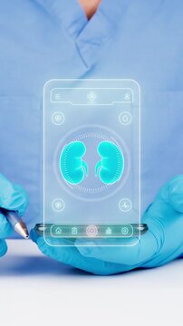 The doctor uses a telemedicine and artificial intelligence mobile app for digital monitoring of the kidney and renal system, and kidney cancer detection. Modern renal health concept.