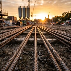 Fototapeta premium Industrial Steel Rebar Bundles Stacked at Construction Site