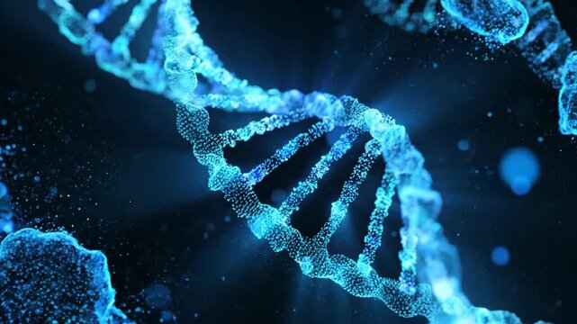 Glowing Blue Digital DNA Double Helix Rotating In Dark Space