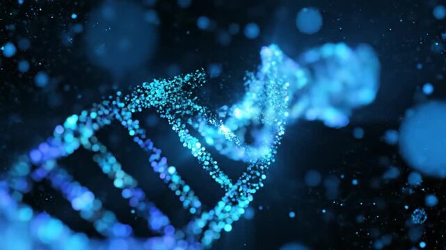 Abstract glowing blue particle DNA double helix spinning in space