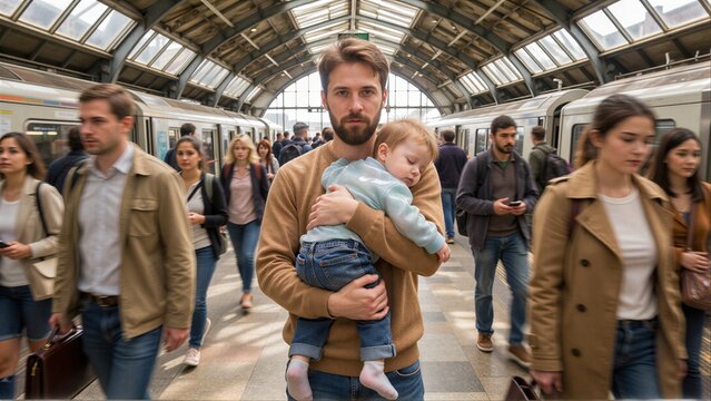 Man holds sleeping baby in busy train station, surrounded by commuters.