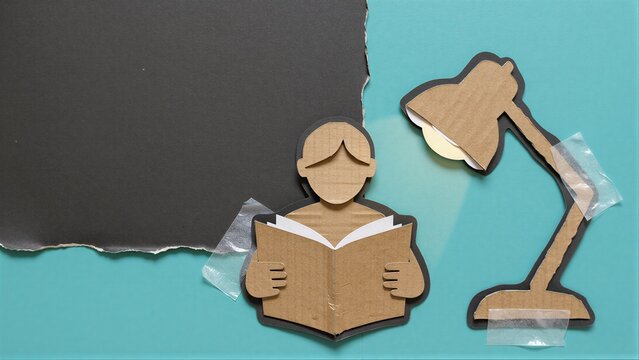 Cardboard cutout of person reading book with desk lamp, taped to teal background.