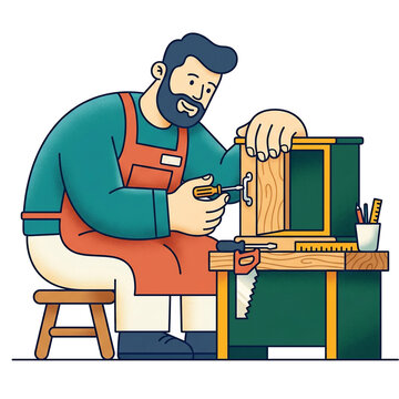 Flat vector illustration of a bearded carpenter in an apron assembling wooden furniture with tools on a workbench.